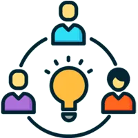 A graphic depicting three stylized people icons in blue, purple, and orange around a glowing light bulb, connected by curved lines. This symbolizes collaboration in IT services and the sharing of innovative ideas to enhance IT support.
