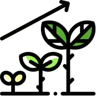 Illustration of three plants of increasing height with an upward arrow above them, symbolizing growth or progress in IT services. The plants, representing robust support systems, have green leaves and are outlined in black.