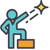 Illustration of a stylized figure standing on a yellow block, raising one arm toward a yellow star with motion lines, symbolizing achievement. The minimalistic figure reflects the streamlined efficiency often found in IT services.