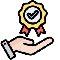 Illustration of an open hand with a badge featuring a check mark, symbolizing reliable IT support. The badge has a yellow scalloped edge and red ribbons, representing excellence in IT services.