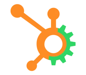 Orange and green logo with a circular hub and four extending lines ending in circles, symbolizing comprehensive IT support. A green gear shape partially overlays the right side of the circle, representing efficient IT services. The background is transparent.