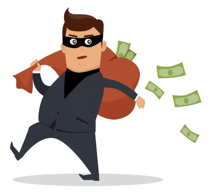 Illustration of a cartoon burglar wearing a black mask and suit, carrying a large brown sack over his shoulder. Dollar bills are trailing out, as if he’d just swiped them from an unsuspecting IT services firm. The background is white.