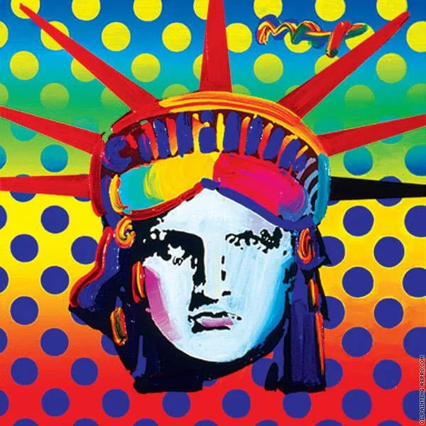 Colorful pop art painting of the Statue of Libertys face. The background features bold rainbow gradients and large blue polka dots, reminiscent of vibrant IT services branding. The statues crown is brightly colored with various hues, and a signature is visible in the top right corner.