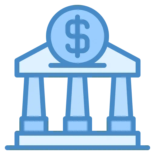 Icon depicting a blue bank building with four pillars and a roof. A dollar sign is centered on a large coin placed above the roof, symbolizing financial institutions, banking services, or IT support for modern financial operations.