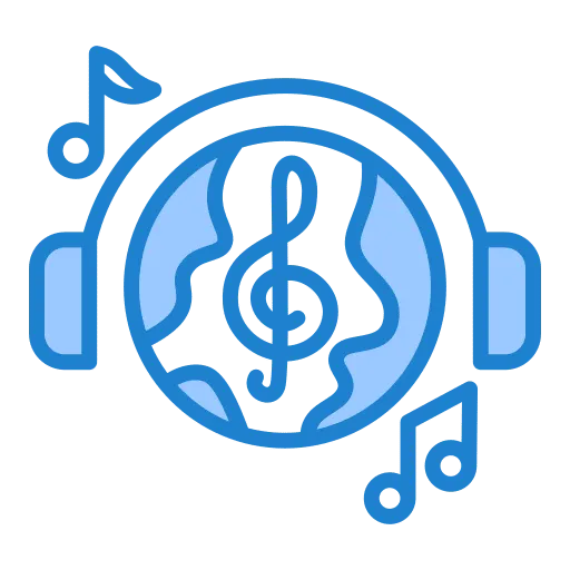 Icon of the Earth with headphones, featuring a musical note at the center. Additional music notes surround the image, symbolizing global music. The design, reminiscent of IT services enhancing digital harmony, is in shades of blue.