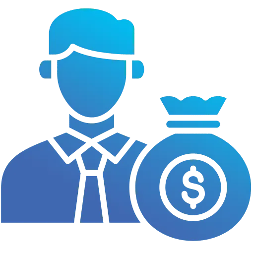 Icon of a person wearing a tie next to a money bag with a dollar sign. Rendered in blue gradients, the design symbolizes finance, business, and IT services by highlighting modern business solutions through technology.