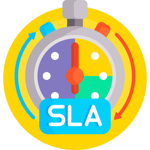 Icon of a stopwatch with a segmented face in purple, yellow, green, and orange. Arrows encircle the watch, reflecting it services efficiency; SLA is written on a blue label at the bottom. The background is yellow.