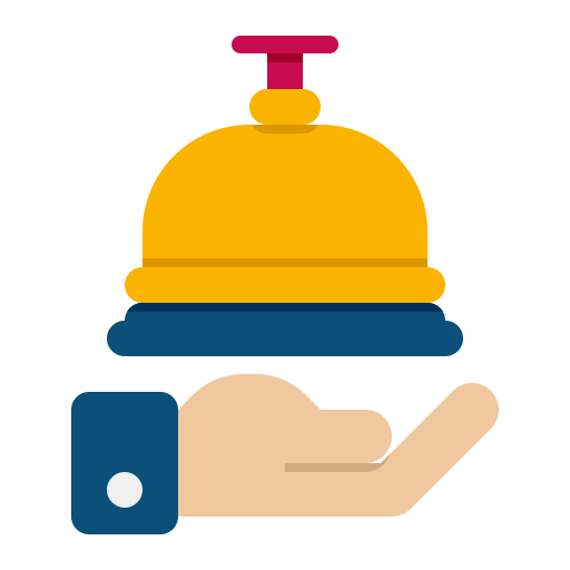 Illustration of a hand holding a service bell, symbolizing IT support. The bell is gold with a red button on top, resting on a blue base. The hand beneath suggests the act of assistance, much like seamless IT services attending to all your tech needs.