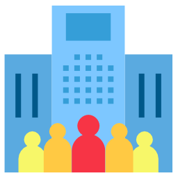 Illustration of a tall building with a grid-like window design, flanked by two smaller structures, possibly housing essential IT support. In front, four simplistic human figures in varying colors stand side by side.