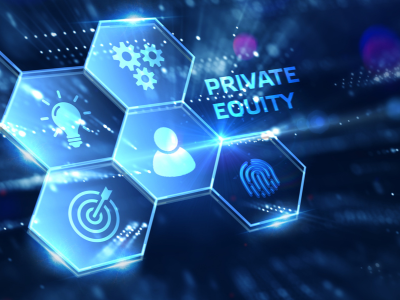 Image depicting a futuristic digital interface with hexagonal icons, seamlessly blending IT services elements. Icons include gears, a user silhouette, a target with an arrow, and a fingerprint. The words Private Equity appear prominently against a backdrop of abstract lighting effects.