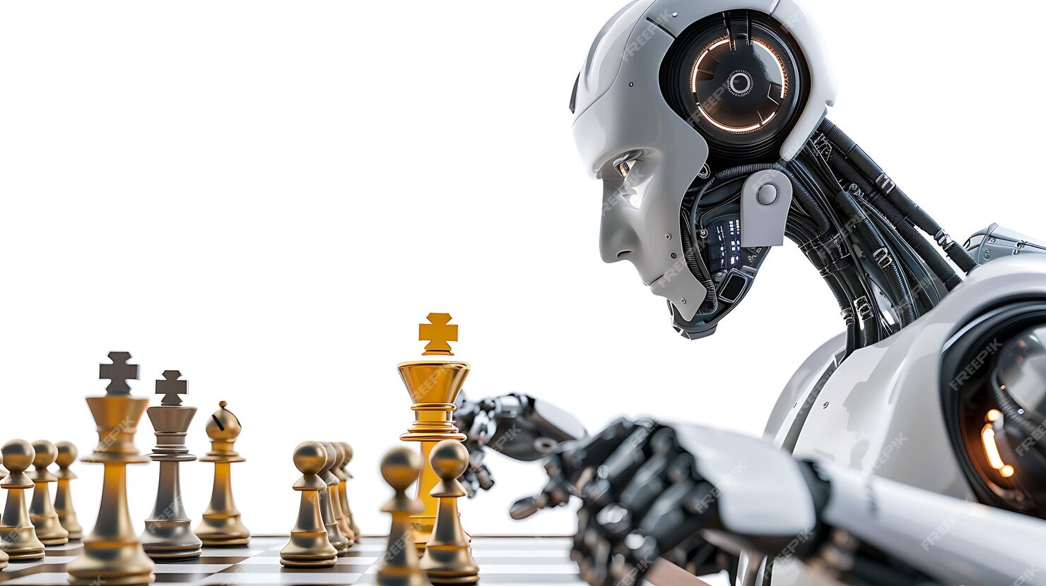 A humanoid robot focuses intently on a chessboard, holding a chess piece. Its mechanical features, reminiscent of it services with visible gears and wires, operate seamlessly. The setting is bright, with a white background, highlighting the robots interaction with the chess game.