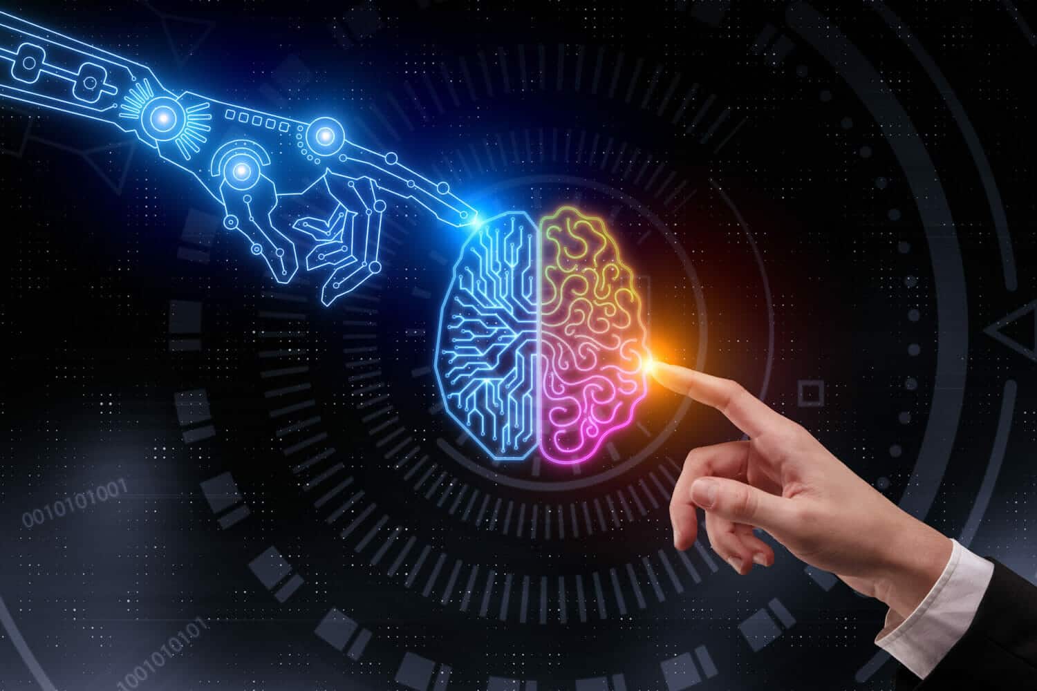 Digital illustration of a robotic hand reaching towards a human hand, with a stylized brain in between. The brain is divided into a blue technological side and a colorful human side, symbolizing the connection between IT services and human intellect.