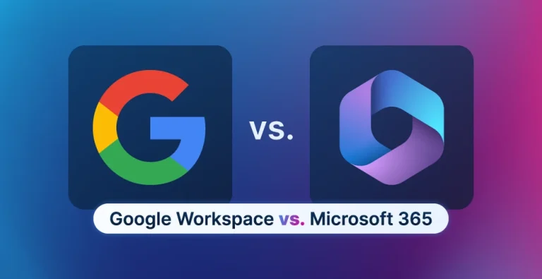 Logos of Google Workspace and Microsoft 365 are displayed side by side against a gradient