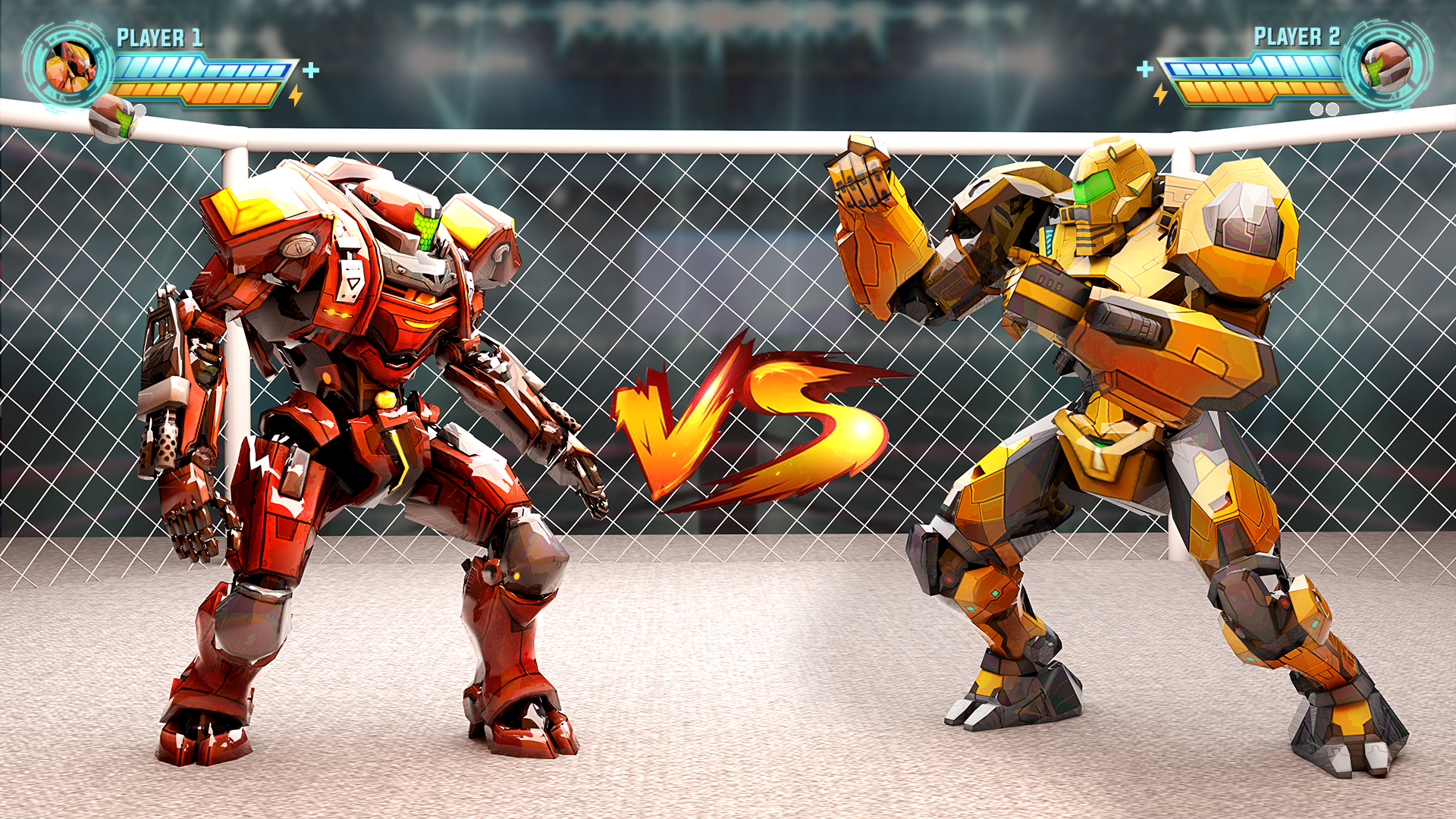 Two colorful, humanoid robots face each other in a fighting stance in a digital arena. A VS symbol is displayed between them, indicating a duel. The background shows a chain-link fence, and health bars appear above each robot with Player 1 and Player 2 labels.