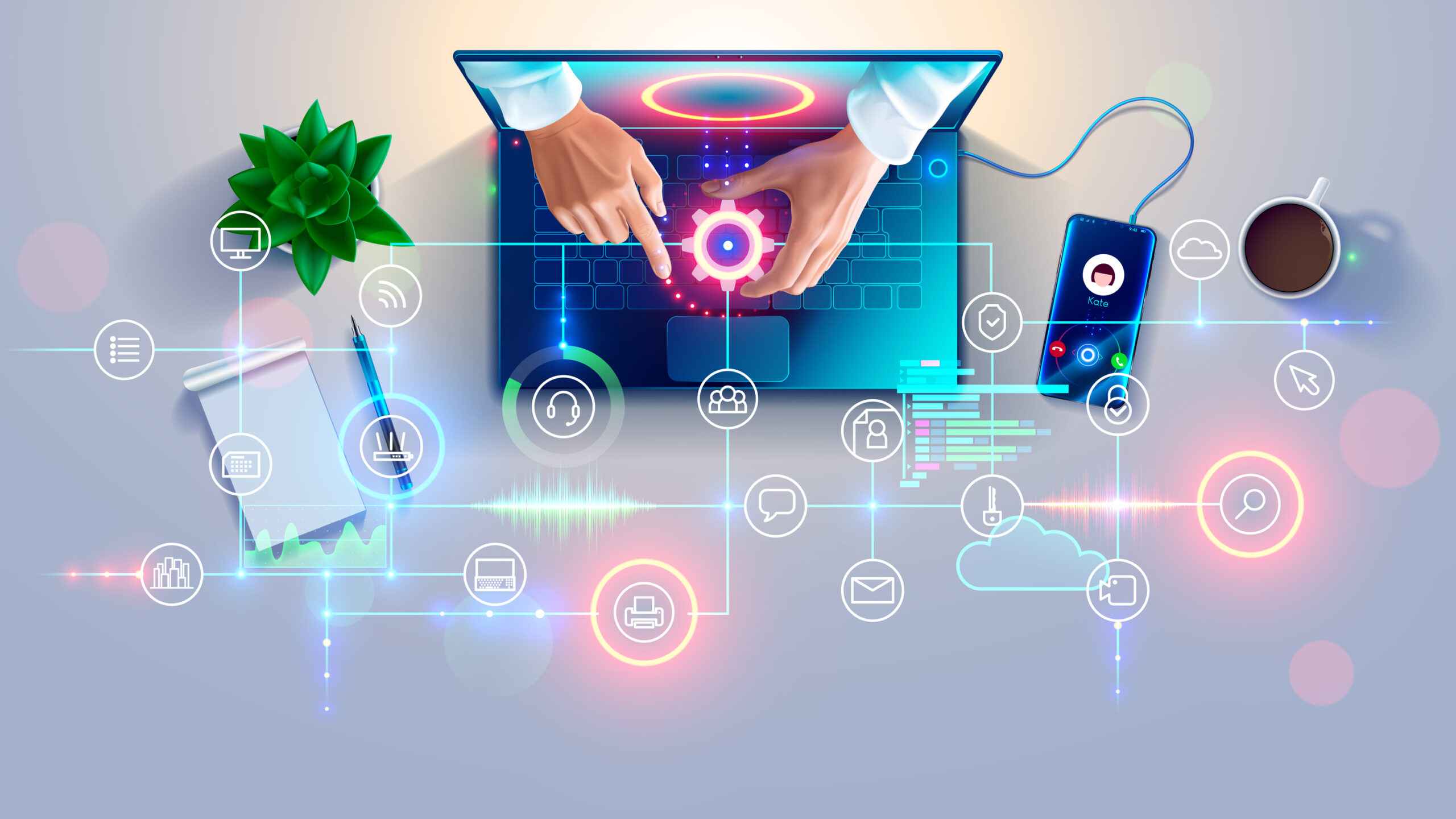 A digital illustration showcases hands navigating a tablet and laptop, seamlessly blending the world of Remote IT Support Services. Icons symbolize networking and communication, while a plant, notebook, phone, and coffee cup complete this tech-focused workspace.