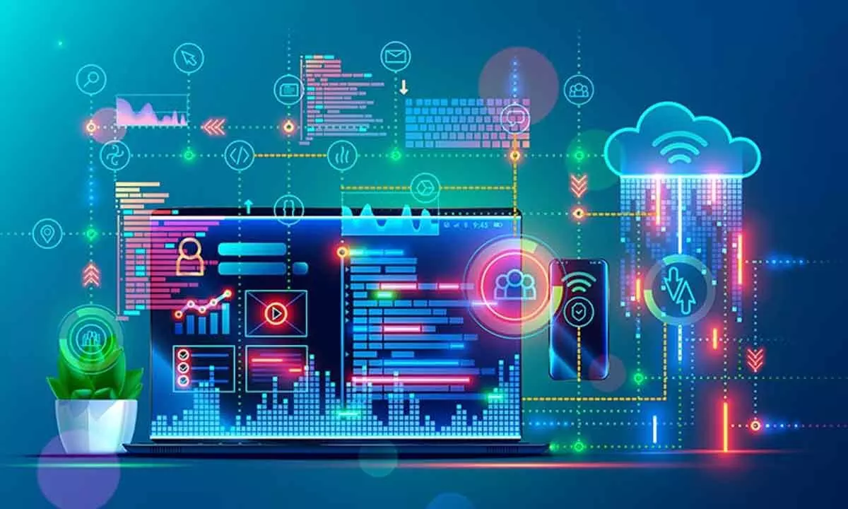A colorful digital illustration of a laptop displaying data analytics, graphs, and code, connected to cloud services and mobile devices, symbolizes Computing Fleet Management, data integration, and technology. A small plant sits on the desk beside the laptop.