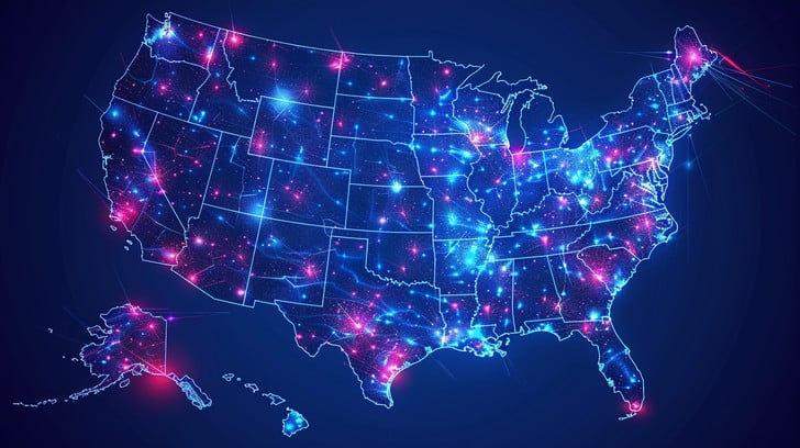 A glowing digital map of the United States, including Alaska, with bright blue and pink lights highlights major cities and network connections—visualizing USA-Based IT Support for Multinationals on a dark background.