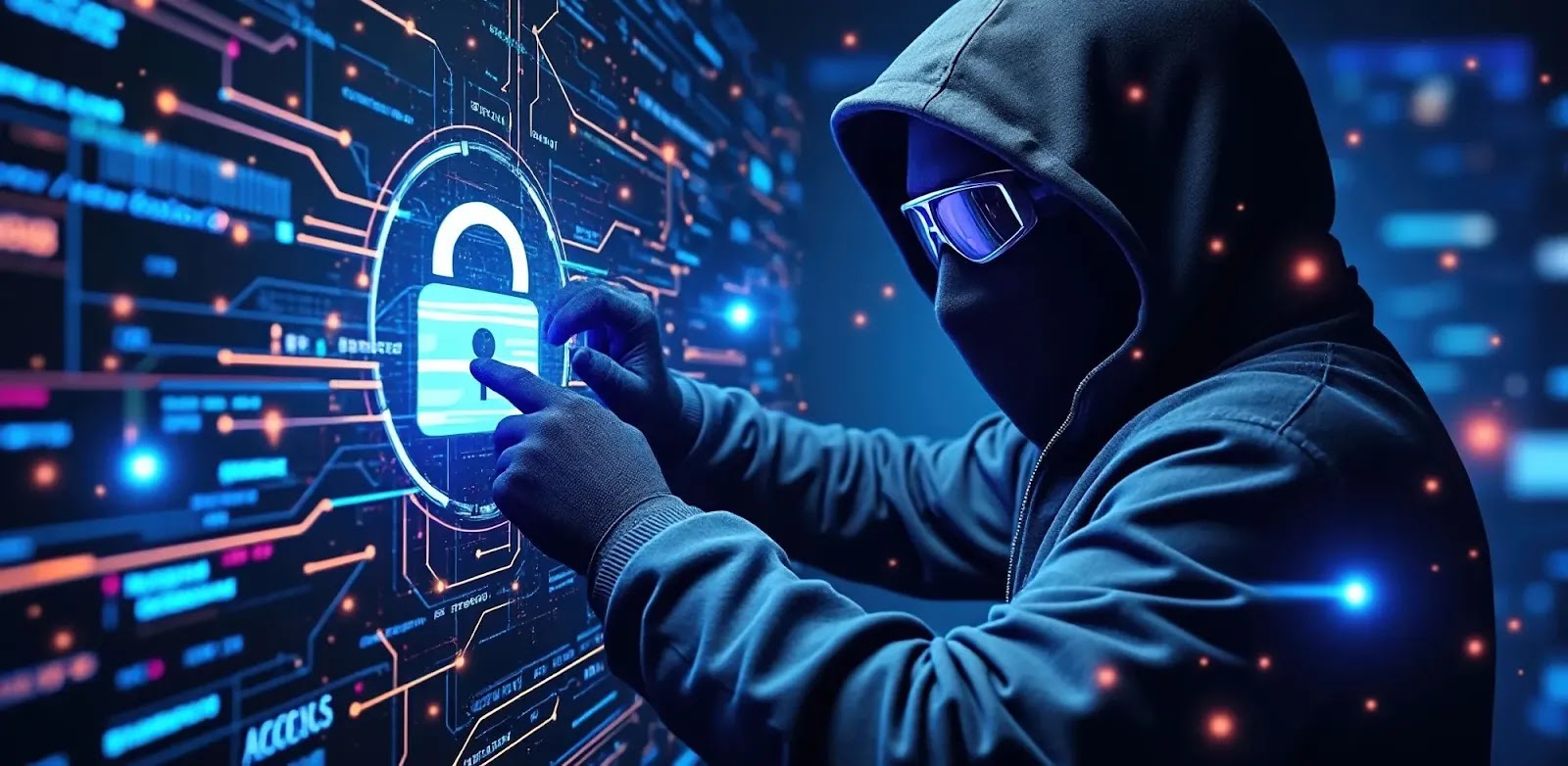 A person in a dark hoodie and sunglasses interacts with a glowing digital lock on a high-tech screen filled with data, symbolizing cyber security, hacking, or advanced Shadow IT Detection Services in a futuristic setting.
