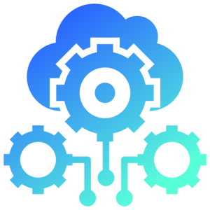 Blue gradient icon showing a cloud above three interconnected gears, symbolizing per hour IT support contract, cloud computing, technology integration, or automated processes.