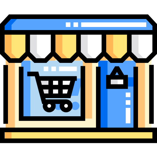 An illustration of a storefront with a striped awning, a large window displaying a shopping cart icon, and a door with a handle, representing a retail shop or store.