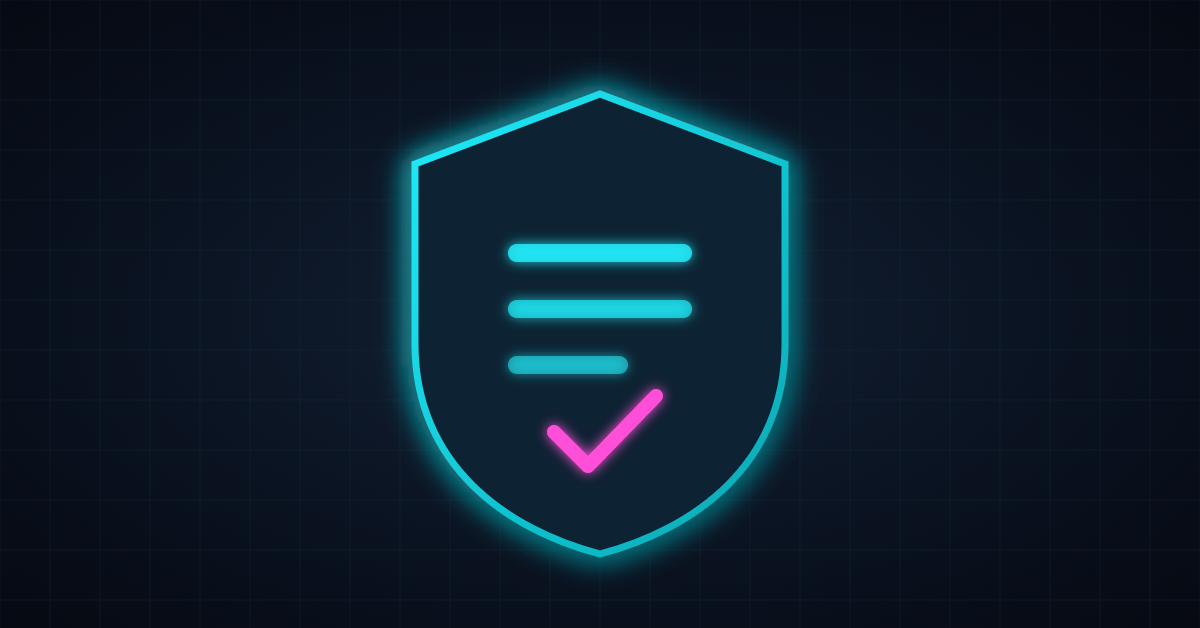 Glowing neon shield containing a policy document representing an end-user technology policy